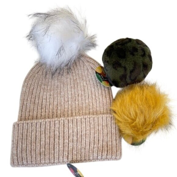 Anthropologie Pick A Pom Beanie Stocking Hat Bronze Set 3 Poms Green White NWT